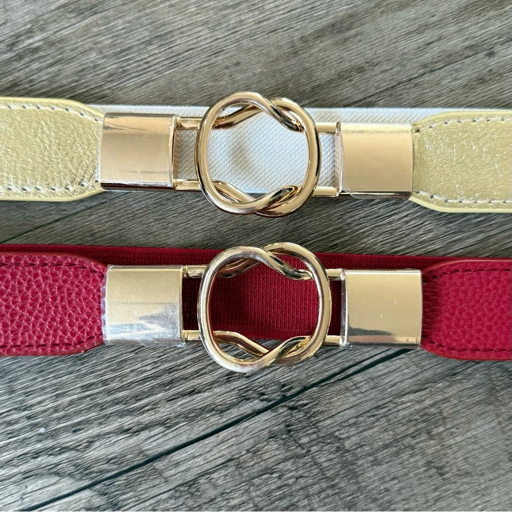 Elegant Stretch Waist Women's Belts (white/cream and red with gold buckle) - Picture 2 of 4